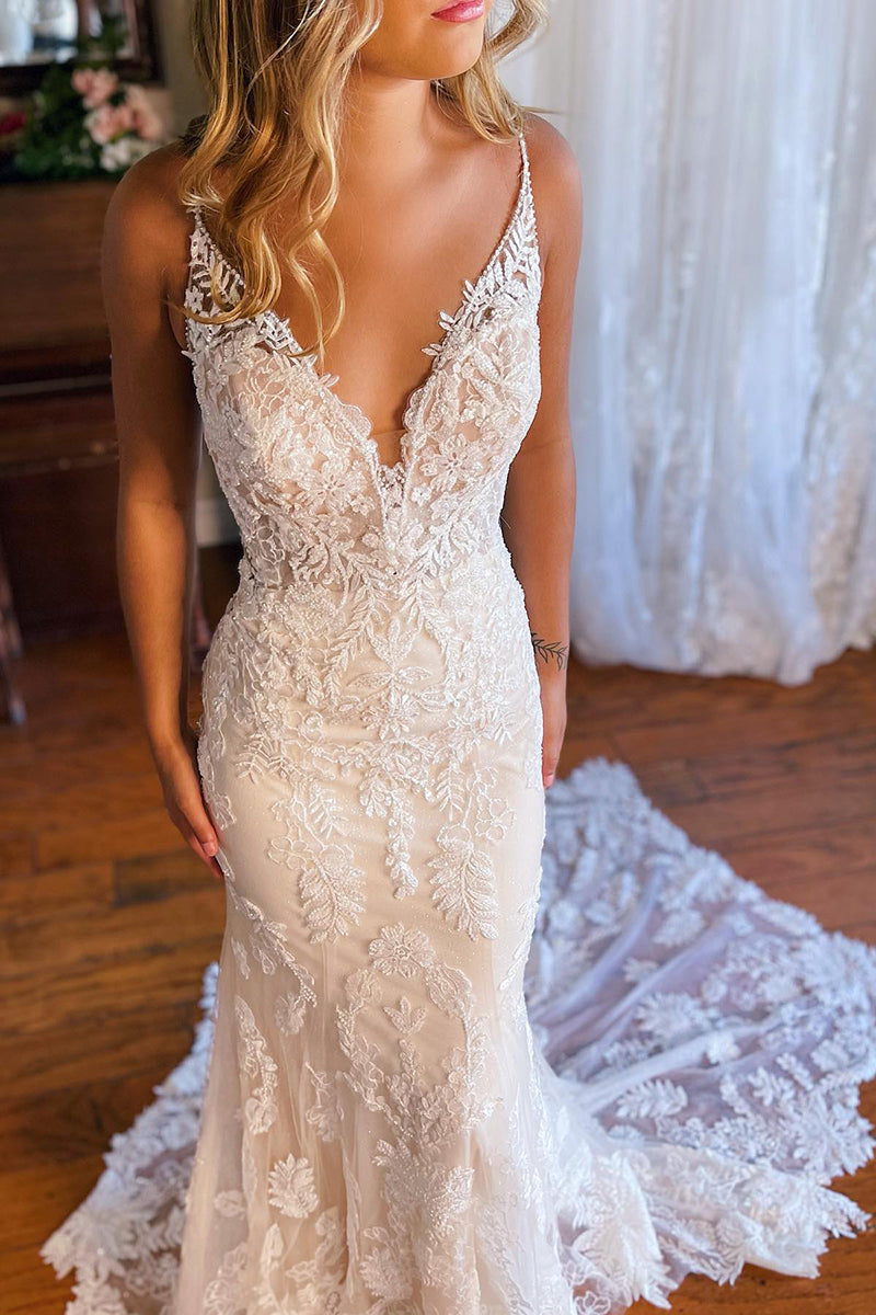 K1771 - V-Neck Spaghetti Straps Lace Mermaid Long Wedding Dress With Sweep Train