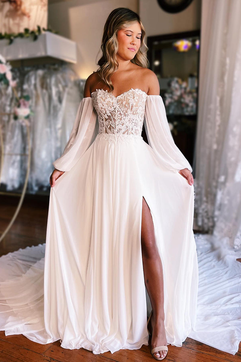 K1772 - Sweetheart Off-Shoulder Long Sleeves Lace Tulle A-Line Long Wedding Dress