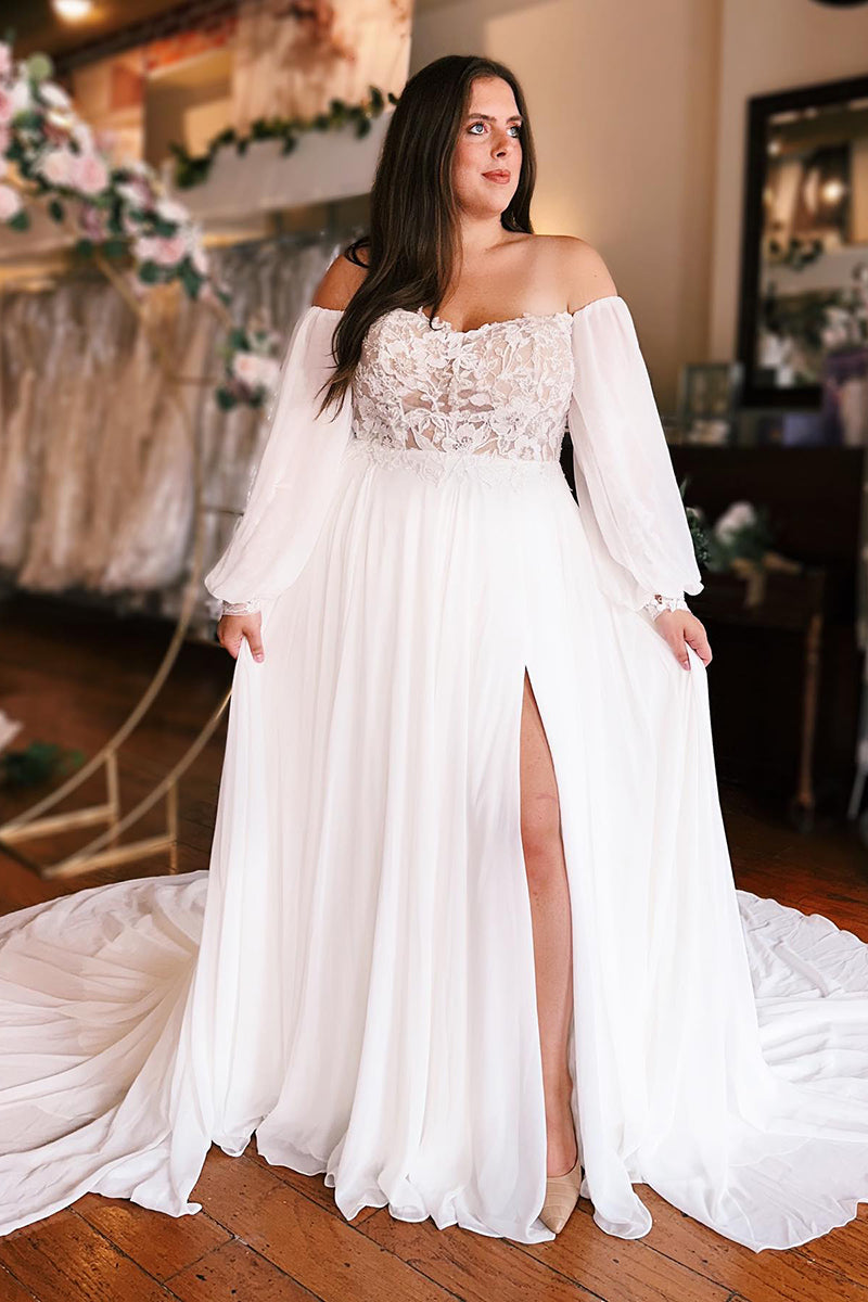 K1772 - Sweetheart Off-Shoulder Long Sleeves Lace Tulle A-Line Long Wedding Dress