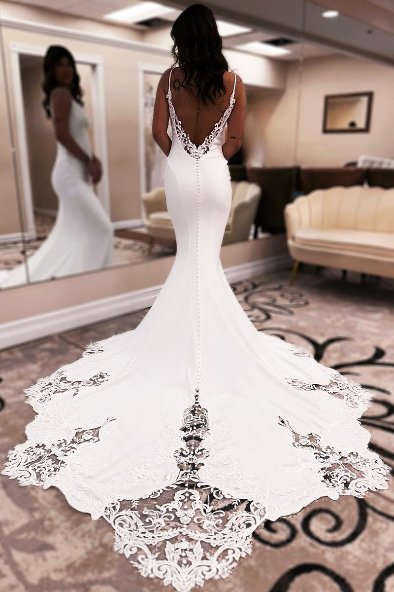 K1774 - V-Neck Spaghetti Straps Backless Lace Satin Mermaid Long Wedding Dress