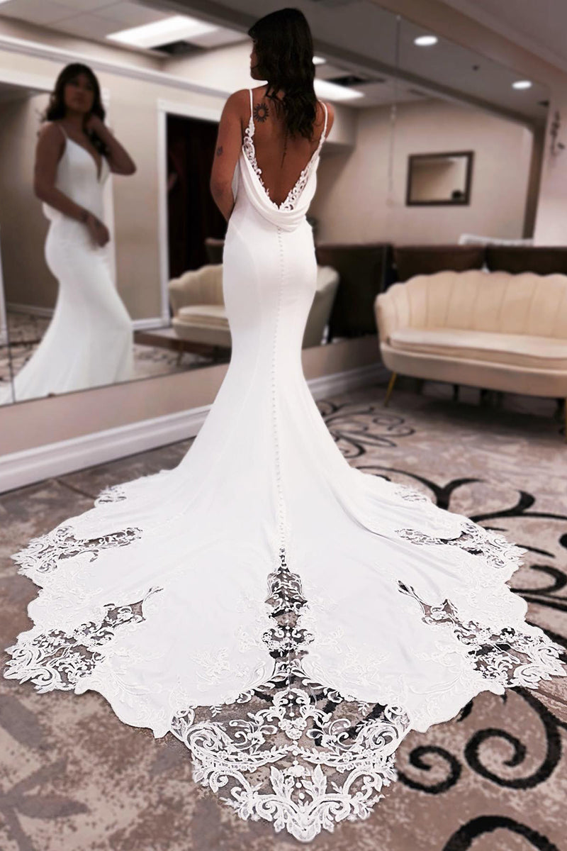 K1774 - V-Neck Spaghetti Straps Backless Lace Satin Mermaid Long Wedding Dress