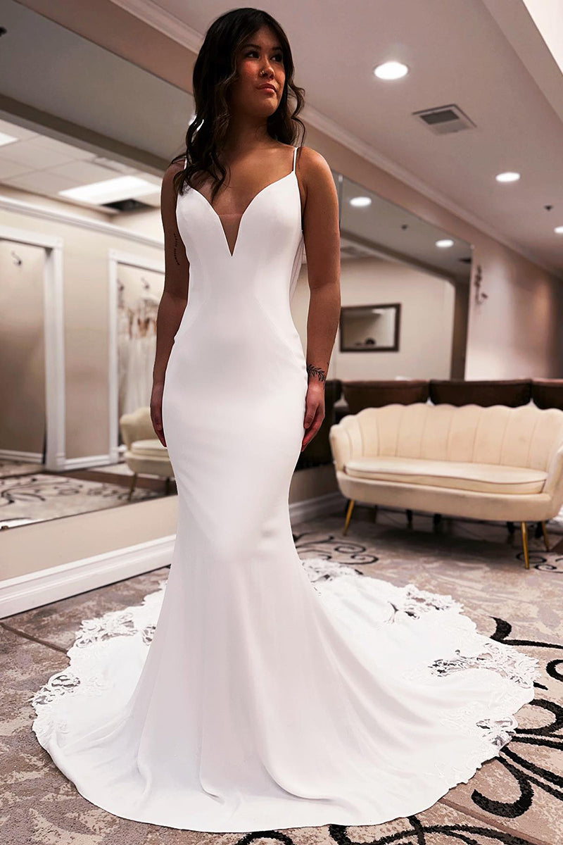 K1774 - V-Neck Spaghetti Straps Backless Lace Satin Mermaid Long Wedding Dress