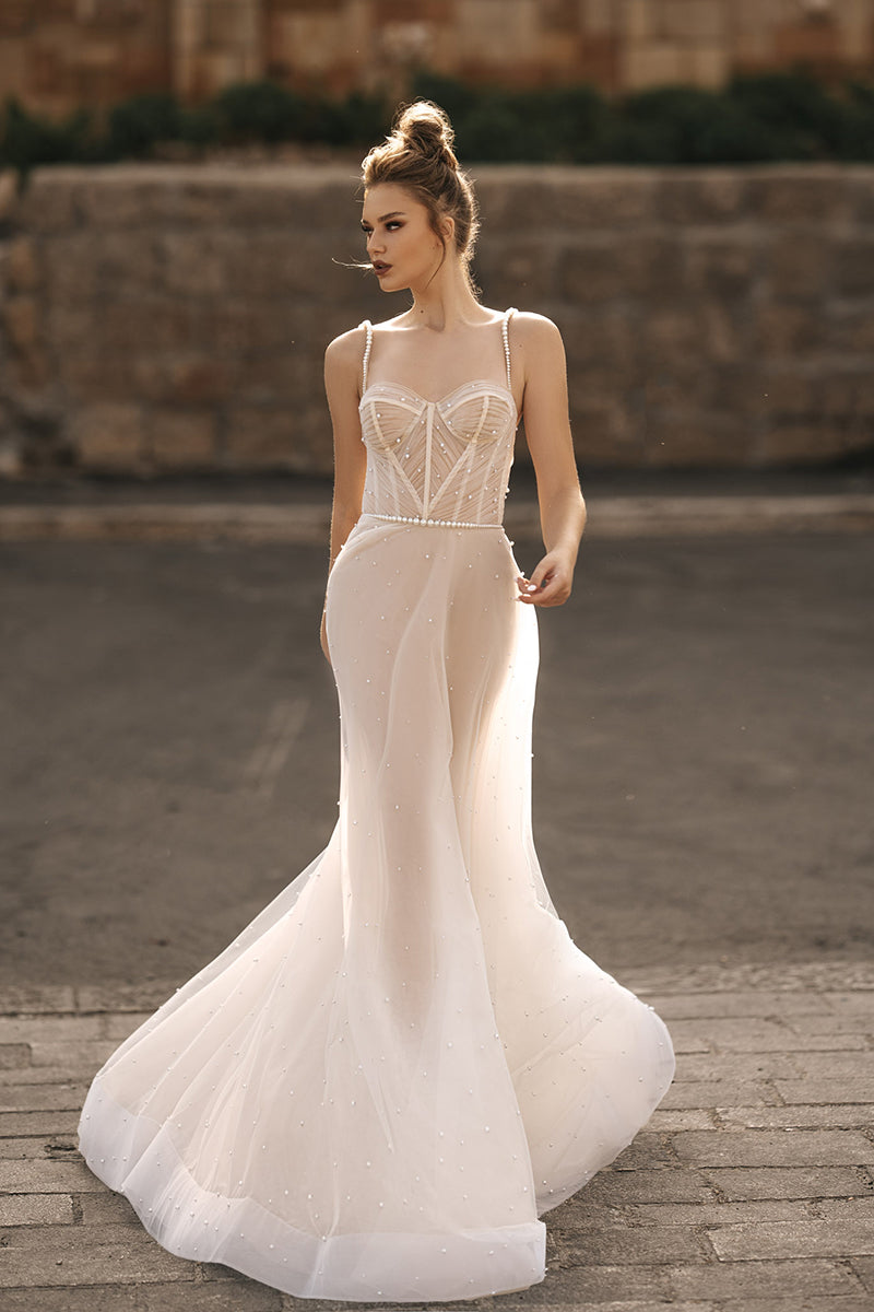 K1780 - Sweetheart Beaded Ruched Sheer Tulle Mermaid Long Wedding Dress