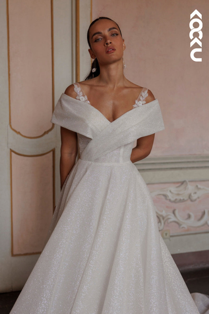 K1781 - Off-Shoulder V-Neck Sleeveless Sparkle Ruched Tulle A-Line Long Wedding Dress