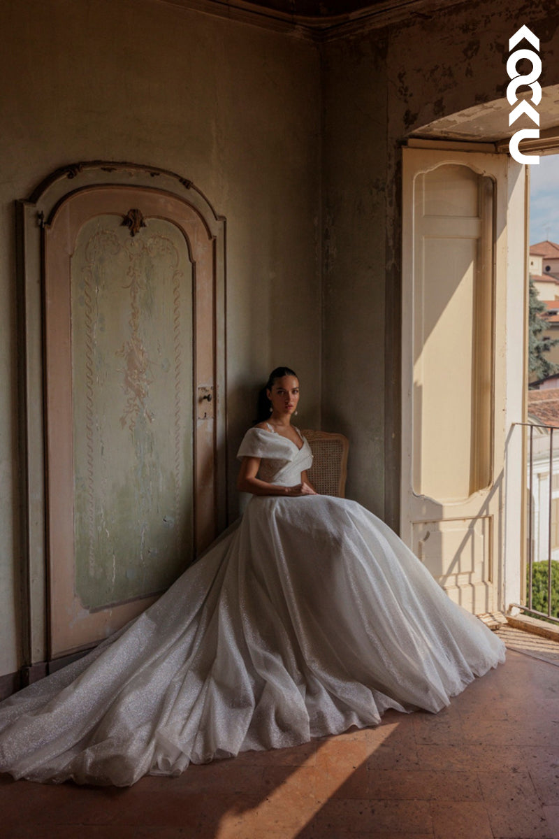 K1781 - Off-Shoulder V-Neck Sleeveless Sparkle Ruched Tulle A-Line Long Wedding Dress