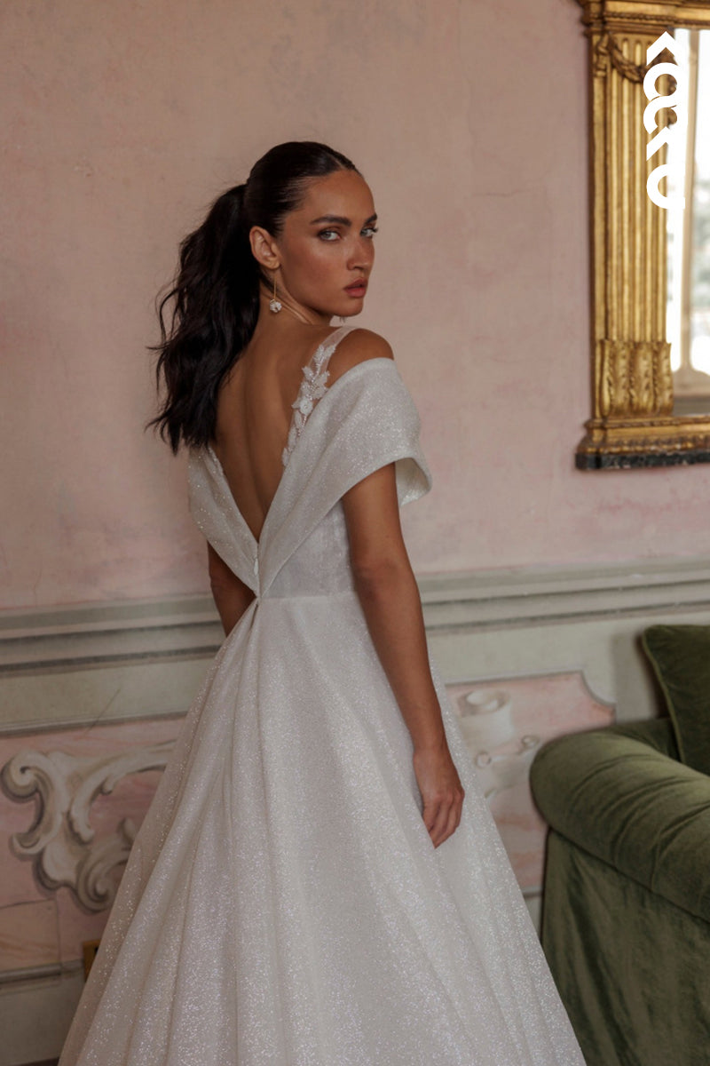 K1781 - Off-Shoulder V-Neck Sleeveless Sparkle Ruched Tulle A-Line Long Wedding Dress