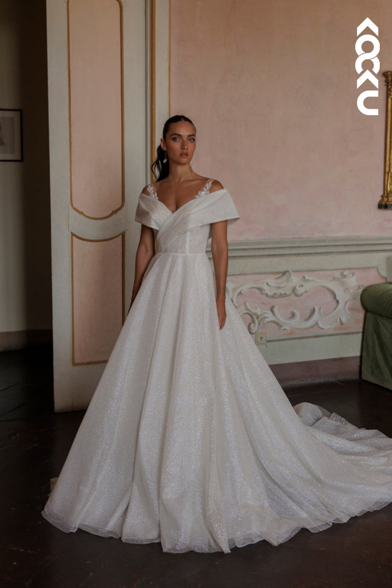 K1781 - Off-Shoulder V-Neck Sleeveless Sparkle Ruched Tulle A-Line Long Wedding Dress