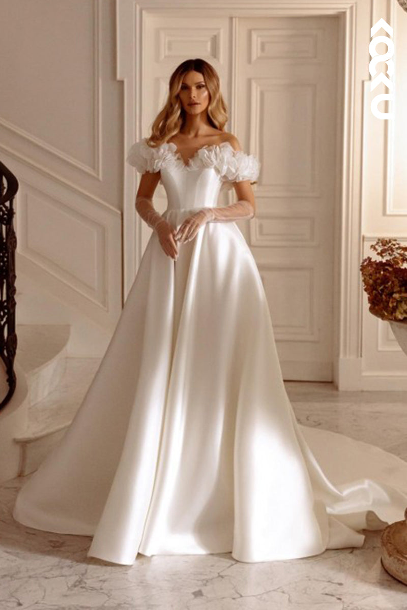 K1782 - Off-Shoulder Strapless Floral Appliqued Tulle Satin A-Line Long Wedding Gown