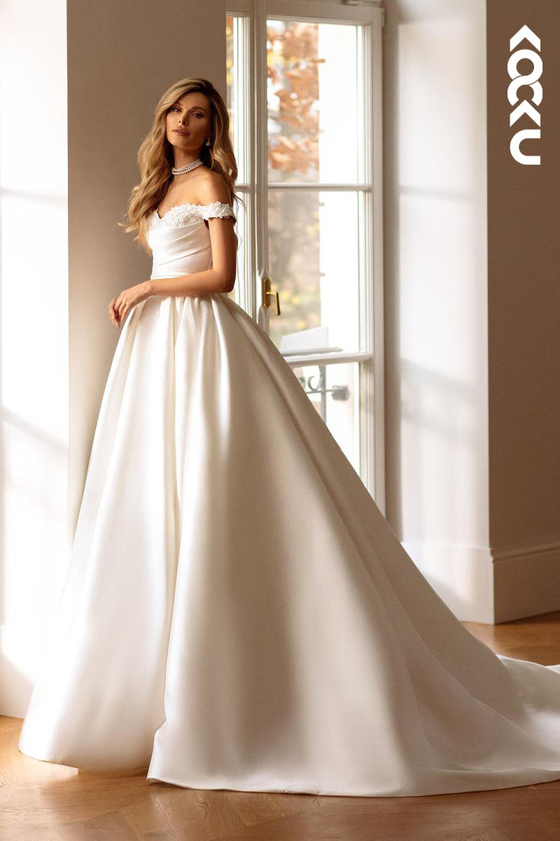 K1784 - Off-Shoulder Appliqued Ruched Satin A-Line Long Ball Wedding Gown