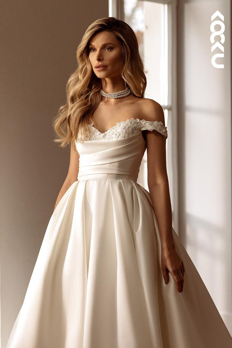 K1784 - Off-Shoulder Appliqued Ruched Satin A-Line Long Ball Wedding Gown