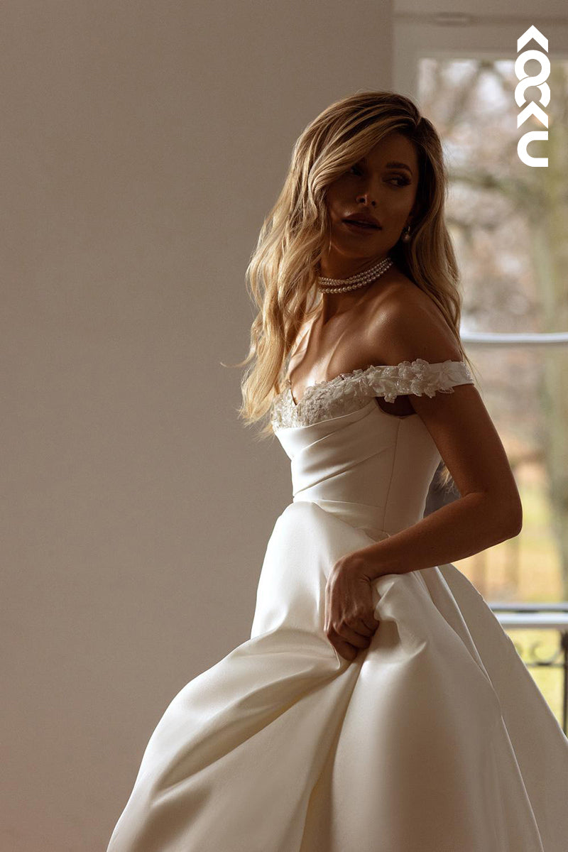 K1784 - Off-Shoulder Appliqued Ruched Satin A-Line Long Ball Wedding Gown