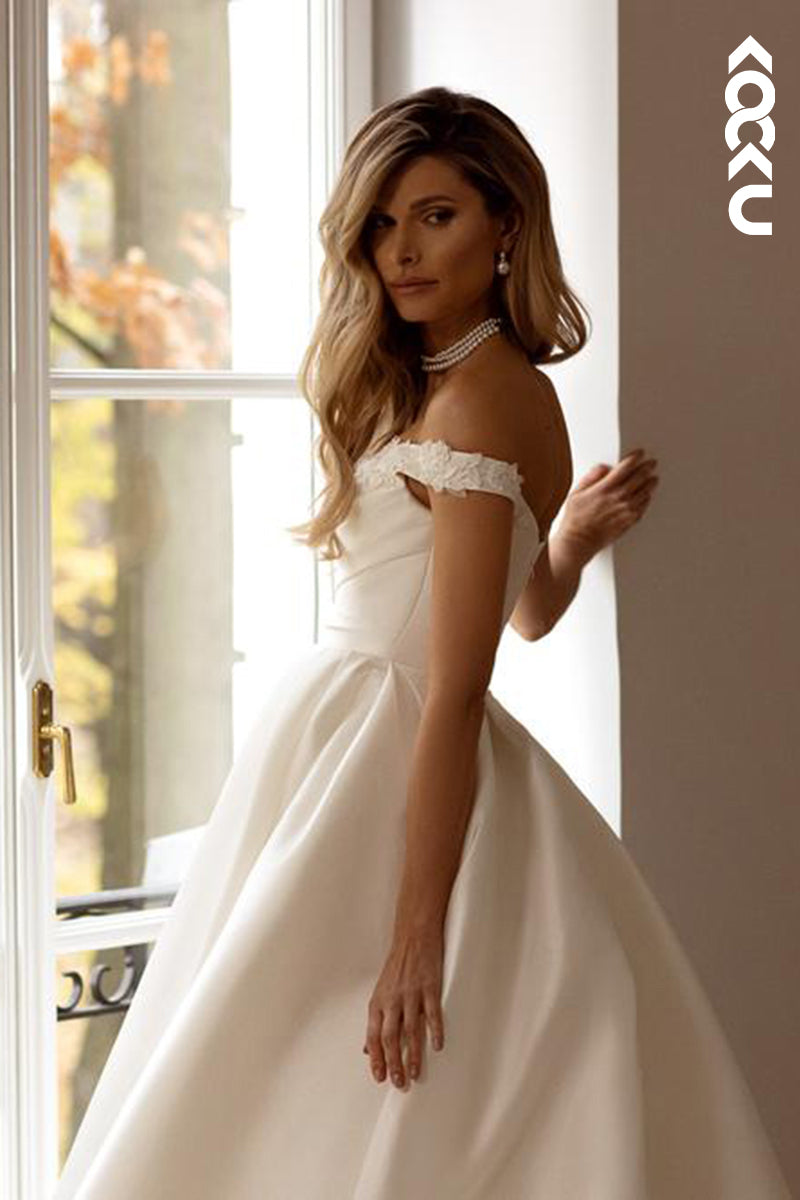 K1784 - Off-Shoulder Appliqued Ruched Satin A-Line Long Ball Wedding Gown