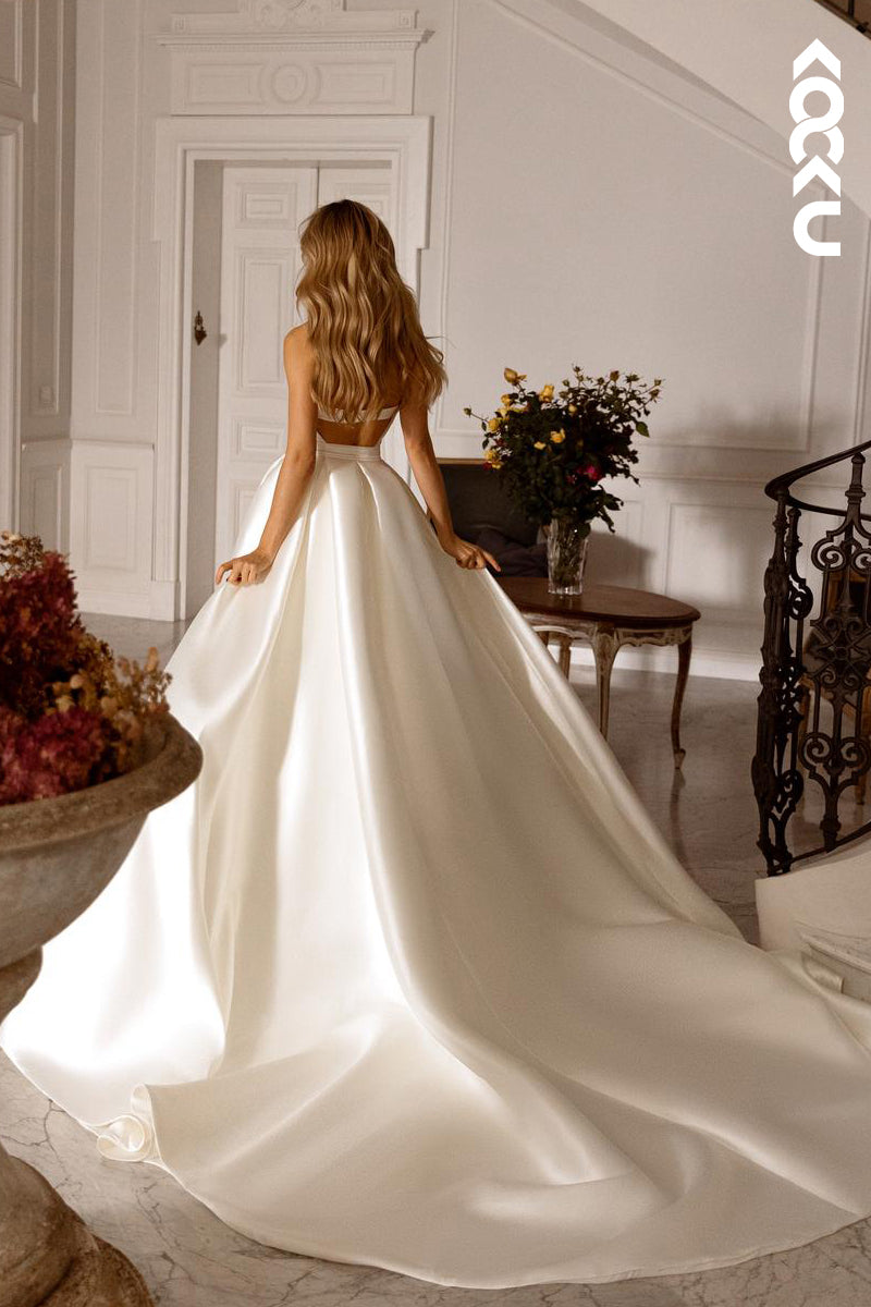 K1785 - V-Neck Strapless Sleeveless Ruched Satin Mermaid Long Wedding Dress