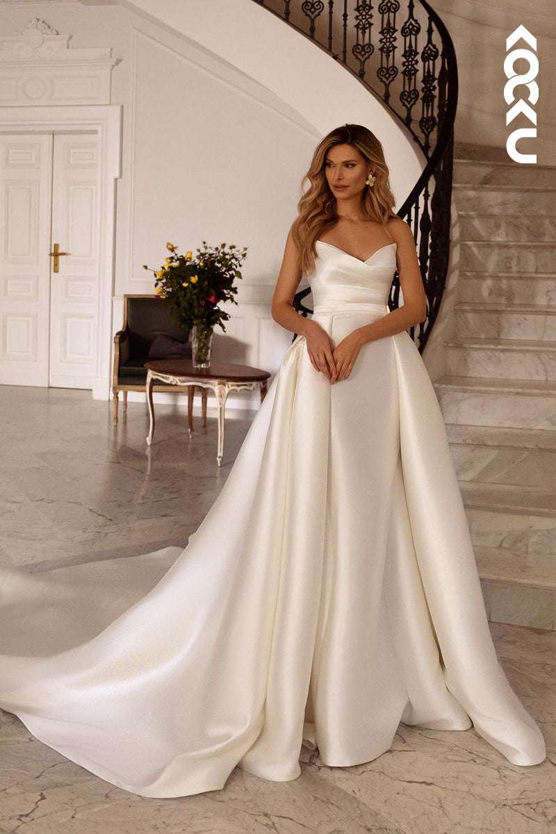 K1785 - V-Neck Strapless Sleeveless Ruched Satin Mermaid Long Wedding Dress