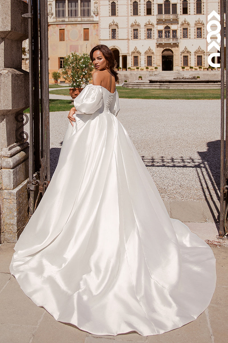 K1786 - Off-Shoulder V-Neck Long Sleeves Ruched Satin Long Ball Wedding Gown