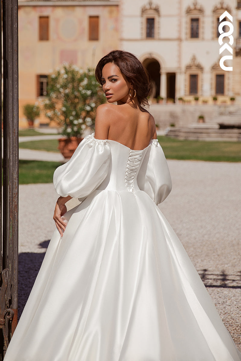 K1786 - Off-Shoulder V-Neck Long Sleeves Ruched Satin Long Ball Wedding Gown