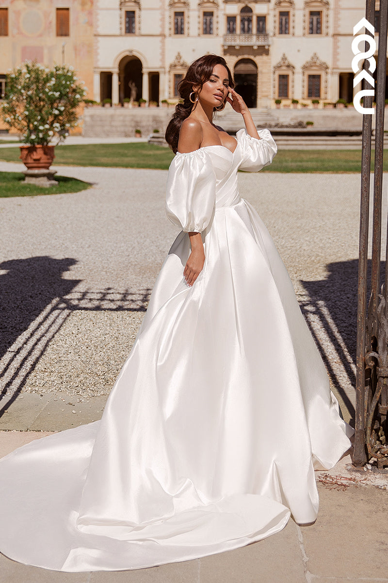 K1786 - Off-Shoulder V-Neck Long Sleeves Ruched Satin Long Ball Wedding Gown