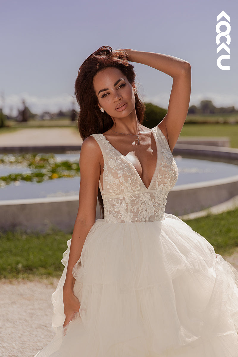 K1787 - V-Neck Sleeveless Lace Appliqued Sheer Ruched Tulle Long Ball Wedding Gown