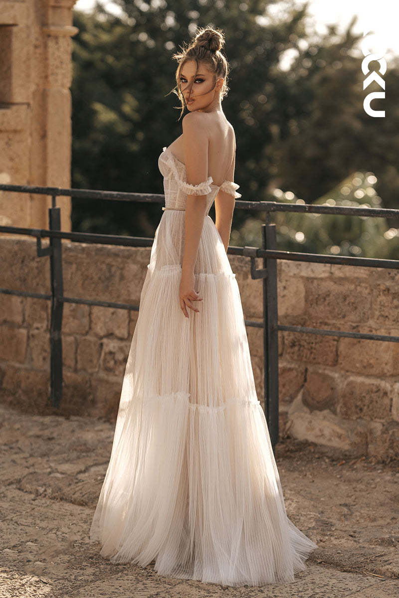 K1790 - Off-Shoulder Sweetheart Ruched Tulle A-Line Long Wedding Dress With Slit