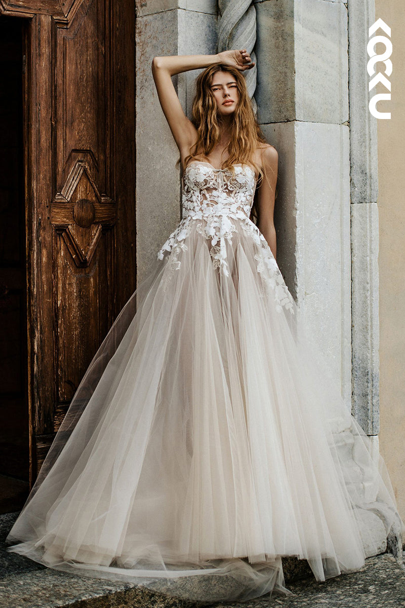 K1791 - Sweetheart Strapless Appliqued Ruched Sheer Tulle A-Line Long Wedding Dress