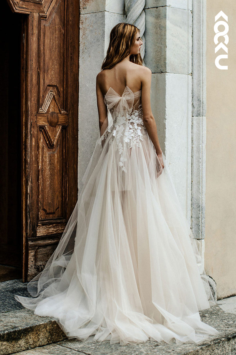 K1791 - Sweetheart Strapless Appliqued Ruched Sheer Tulle A-Line Long Wedding Dress