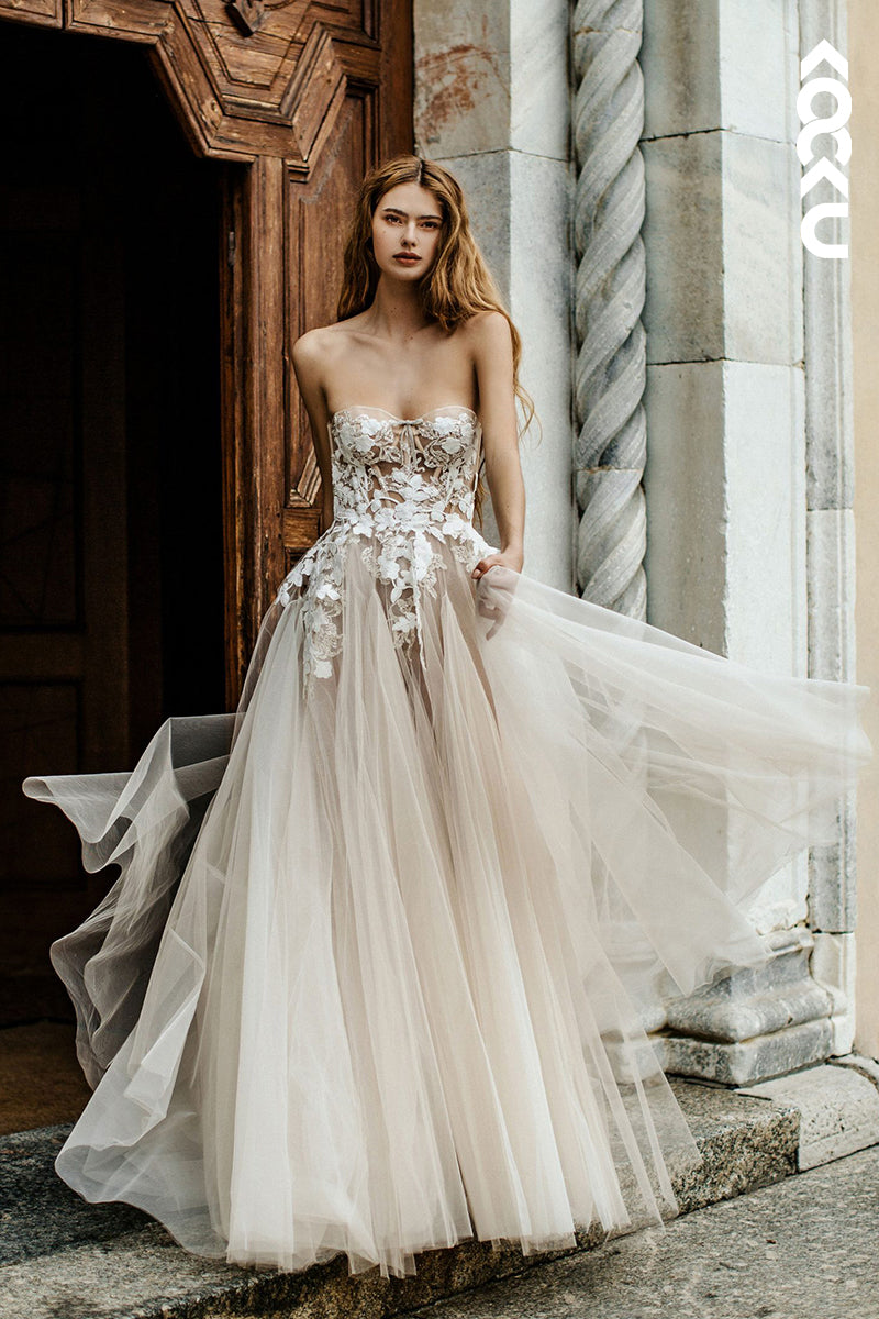 K1791 - Sweetheart Strapless Appliqued Ruched Sheer Tulle A-Line Long Wedding Dress