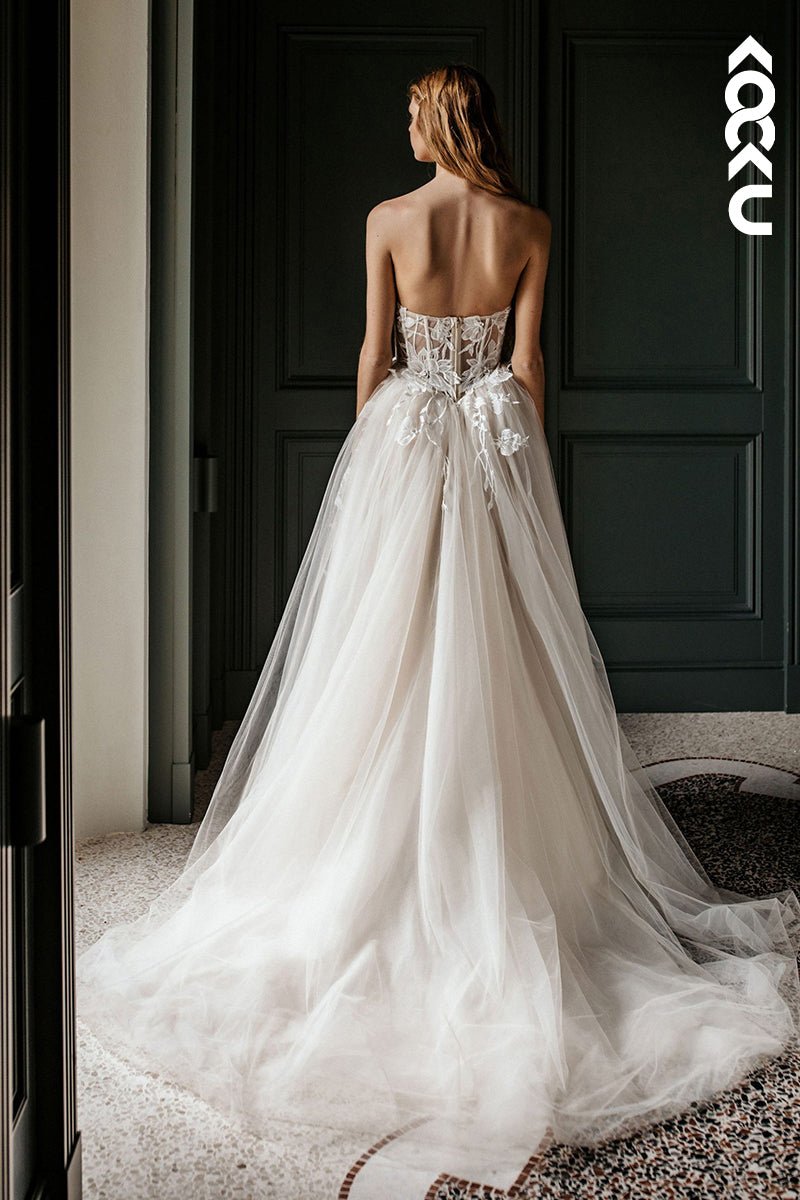 K1793 - Sweetheart Strapless Appliqued Ruched Sheer Tulle A-Line Long Wedding Dress