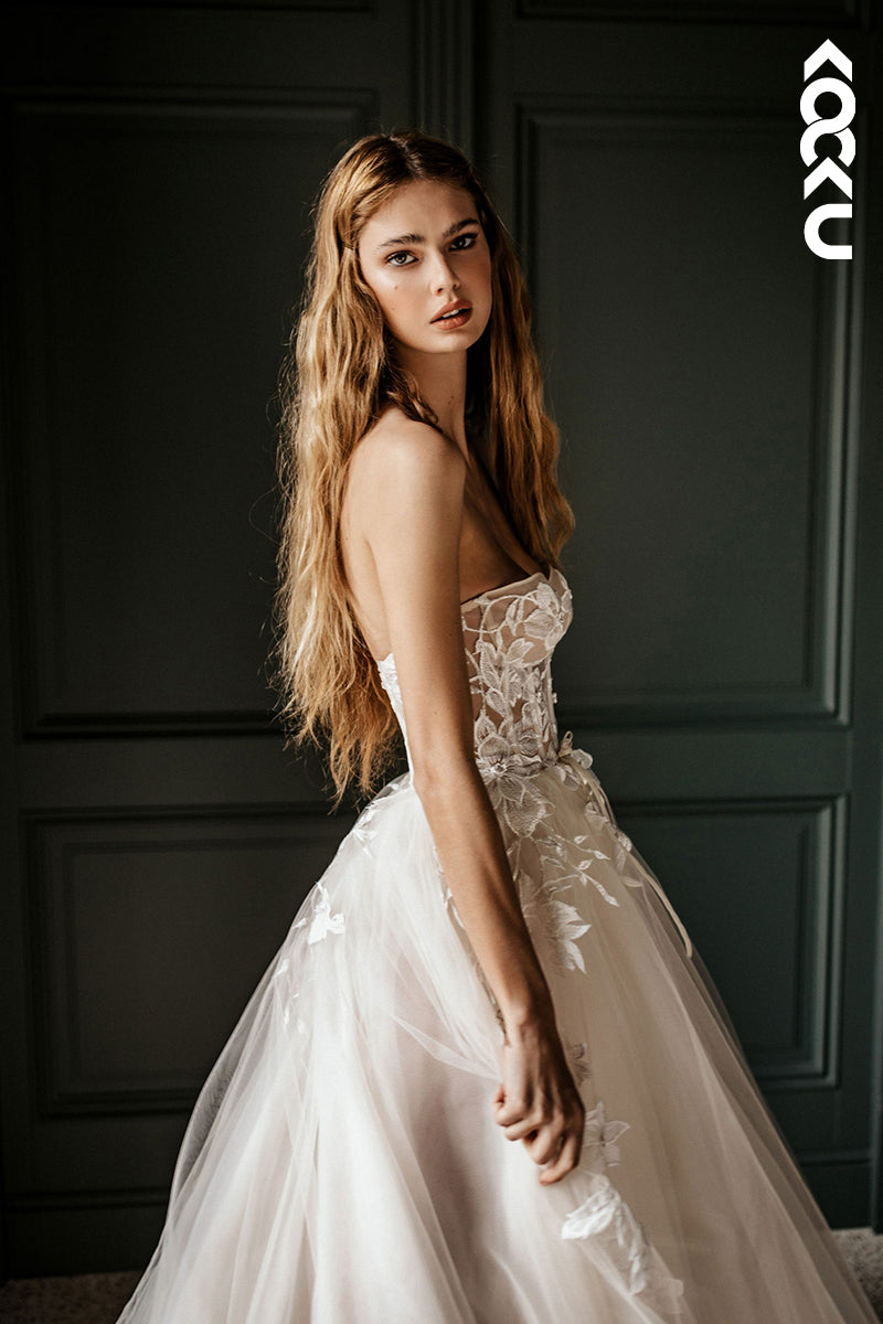 K1793 - Sweetheart Strapless Appliqued Ruched Sheer Tulle A-Line Long Wedding Dress