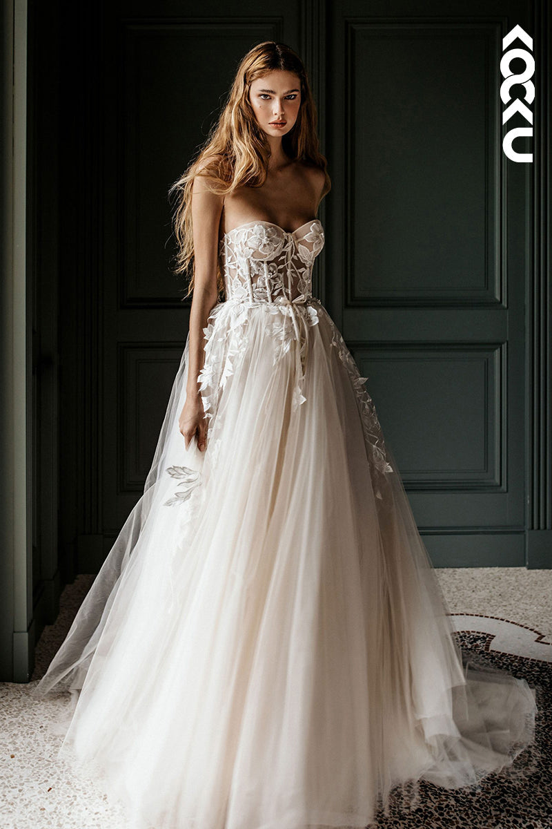 K1793 - Sweetheart Strapless Appliqued Ruched Sheer Tulle A-Line Long Wedding Dress