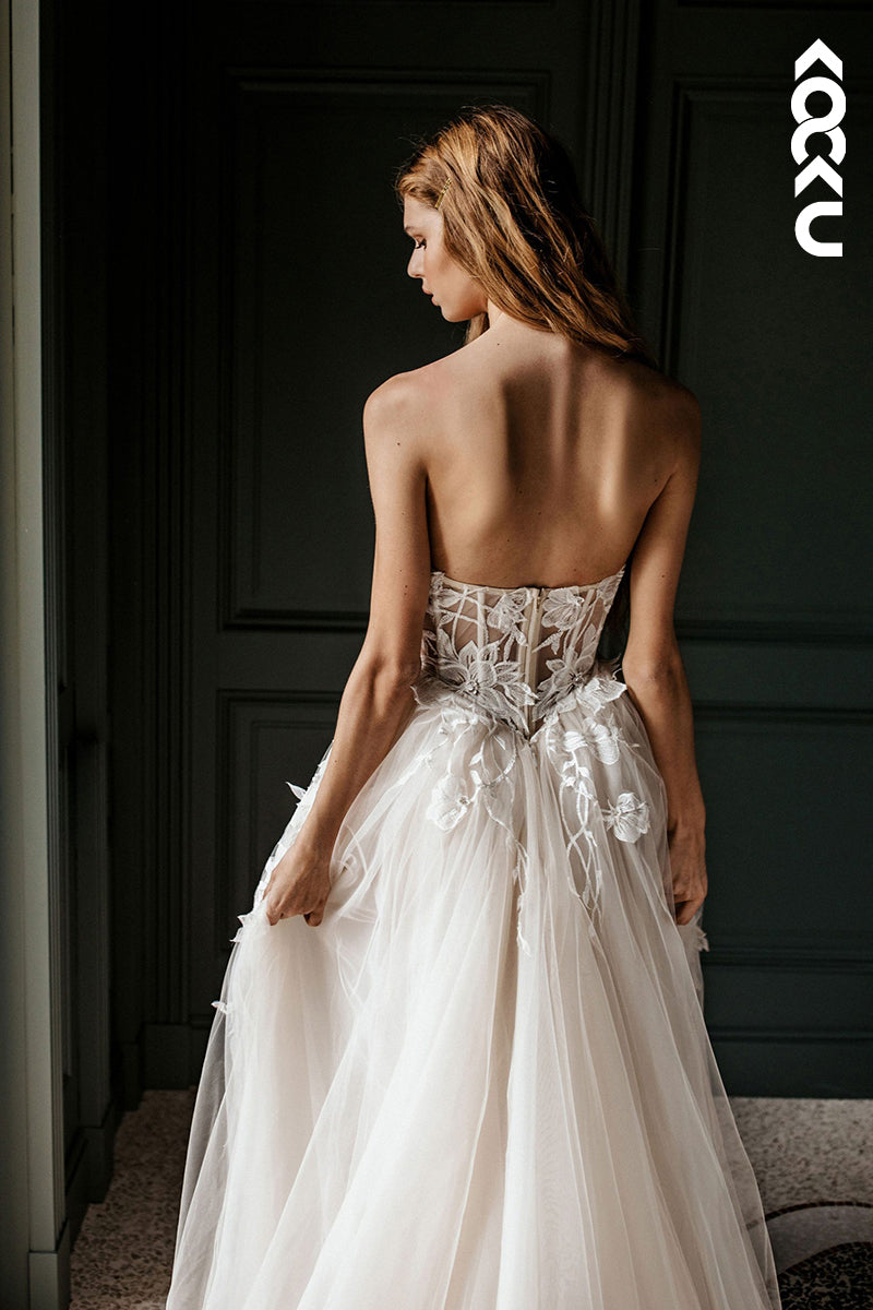 K1793 - Sweetheart Strapless Appliqued Ruched Sheer Tulle A-Line Long Wedding Dress