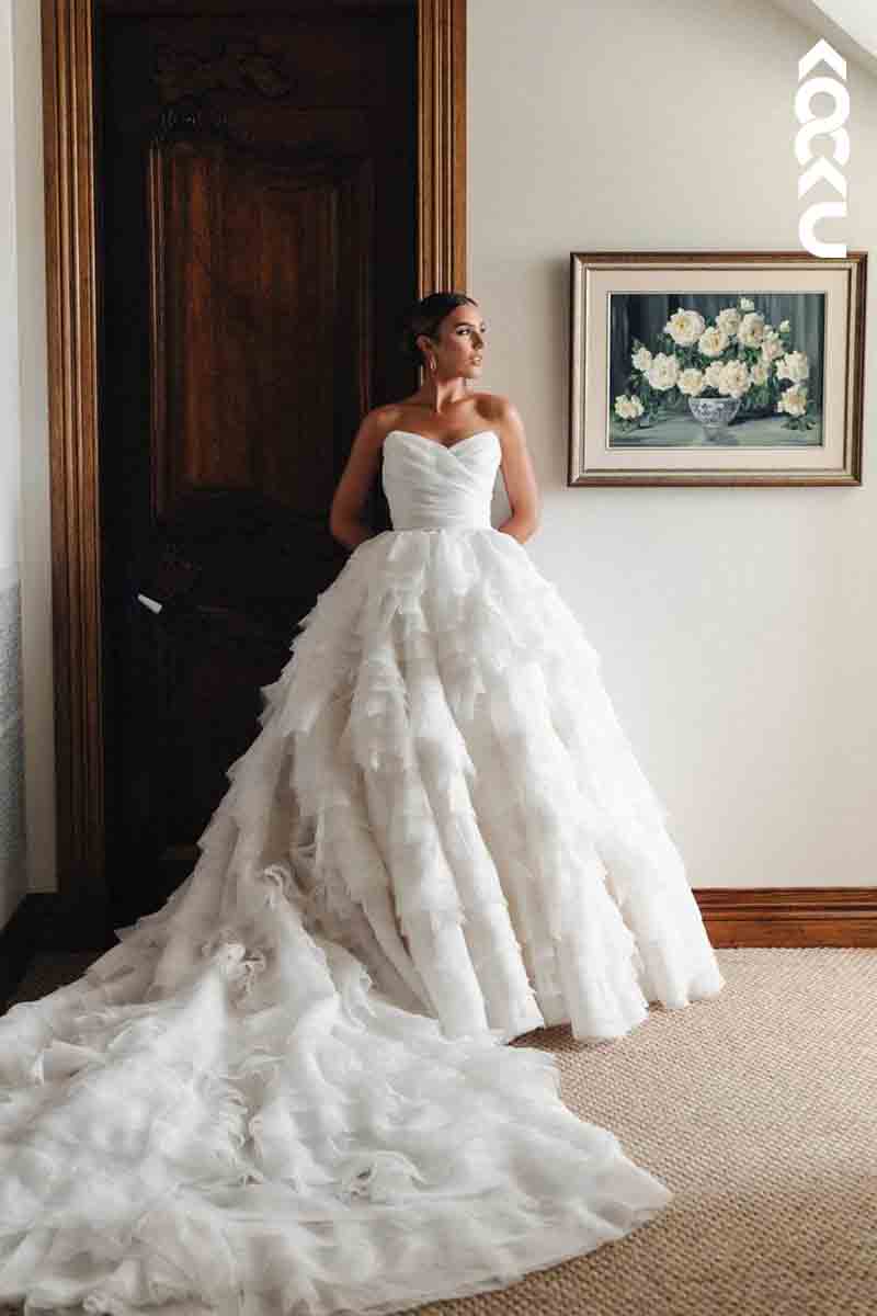 K1799 - V-Neck Sleeveless Strapless Ruched Tulle Long Ball Wedding Dress