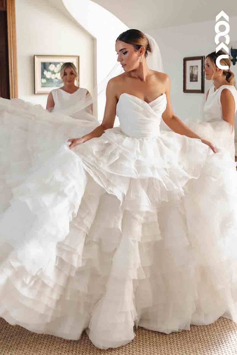 K1799 - V-Neck Sleeveless Strapless Ruched Tulle Long Ball Wedding Dress