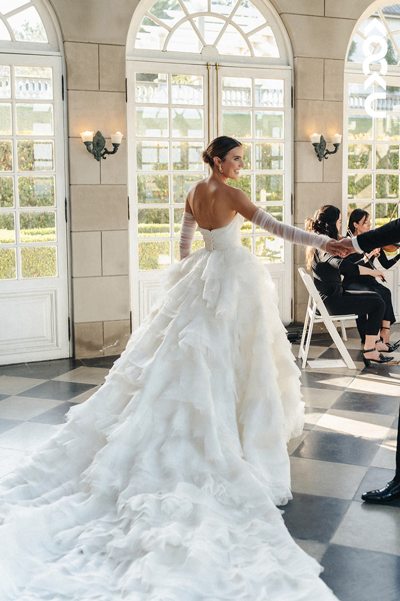 K1799 - V-Neck Sleeveless Strapless Ruched Tulle Long Ball Wedding Dress