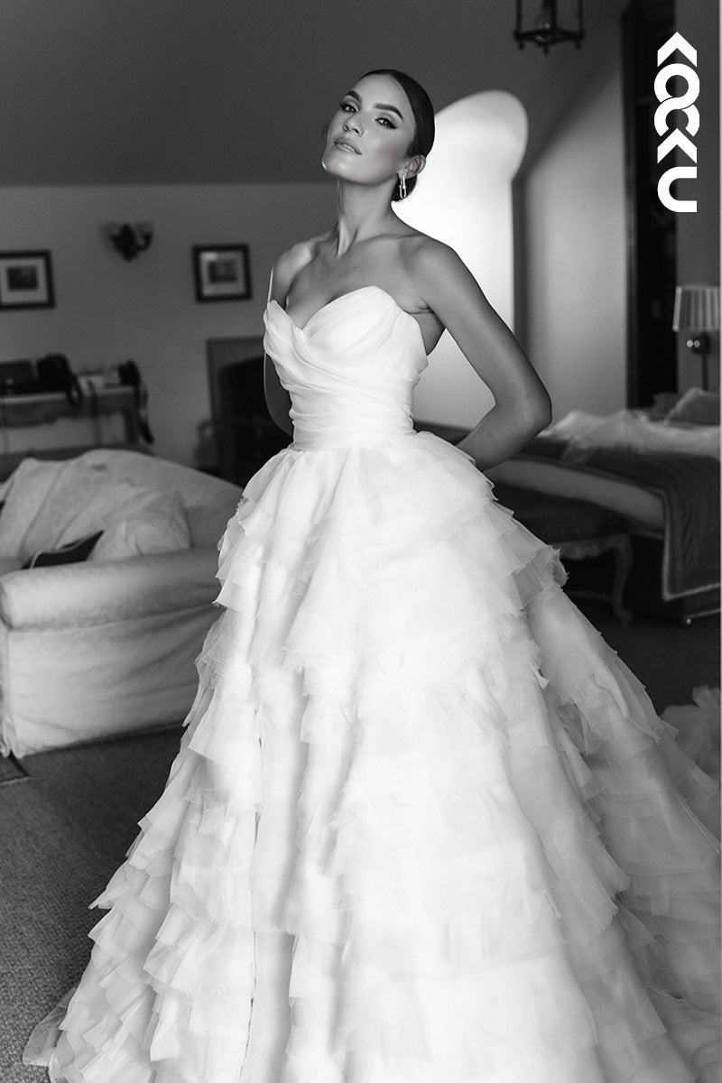 K1799 - V-Neck Sleeveless Strapless Ruched Tulle Long Ball Wedding Dress