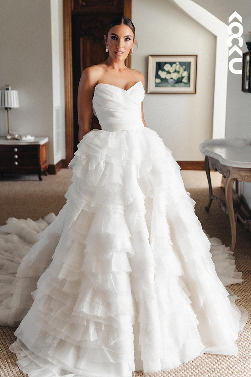 K1799 - V-Neck Sleeveless Strapless Ruched Tulle Long Ball Wedding Dress