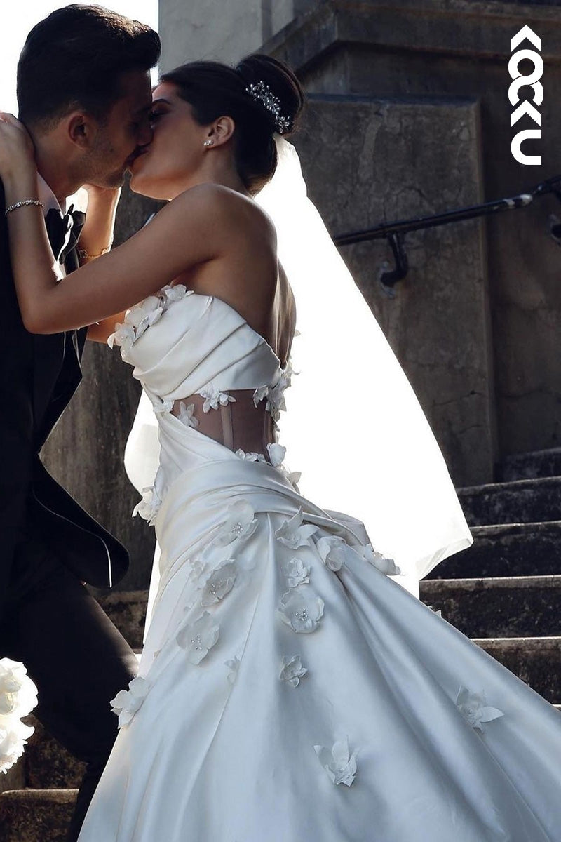 K1800 - One Shoulder Appliqued Sheer Ruched Satin Sheath Long Wedding Dress