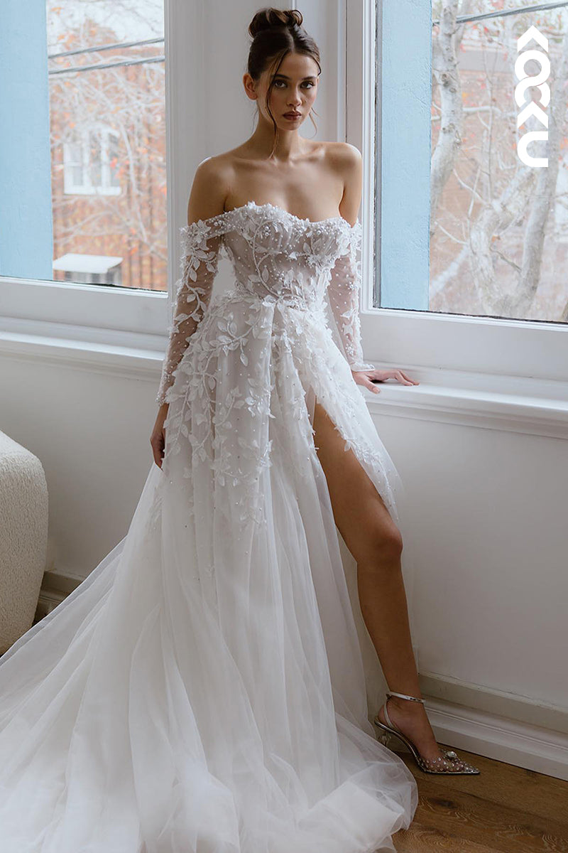 K901 - A-Line Off-Shoulder Tulle Appliques Split Bohmian Wedding Dress