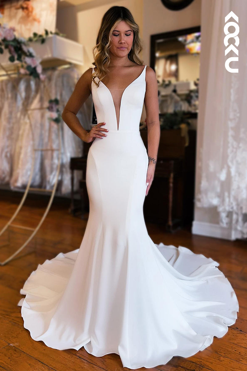 K903 - Trumpet/Mermaid V-Neck Elastic Satin Backless Sleeveless Mermaid Wedding Dress