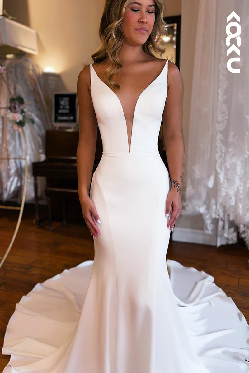 K903 - Trumpet/Mermaid V-Neck Elastic Satin Backless Sleeveless Mermaid Wedding Dress