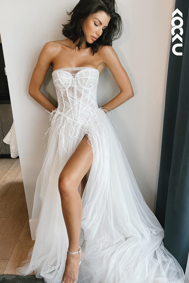 K904 - A-Line Strapless Tulle Beaded Feathers Bohmian Beach Wedding Dress