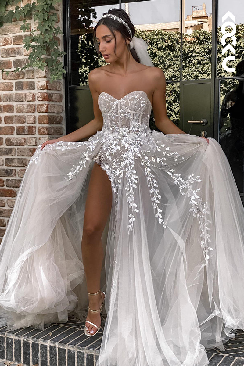 K906 - A-Line Sweetheart Tulle Appliques Sleeveless Bohmian Beach Wedding Dress