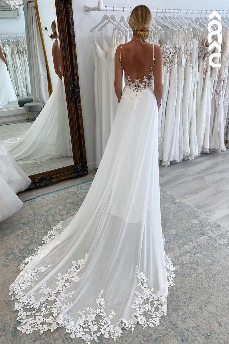 K909 - Sheath/Column V-Neck Tulle Appliques Sleeveless Beach Wedding Dress