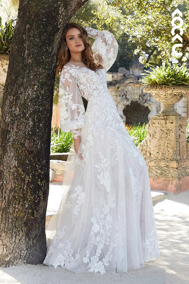 K9101 - A-Line V-Neck Tulle Appliques Long Sleeves Bohmian Beach Wedding Dress