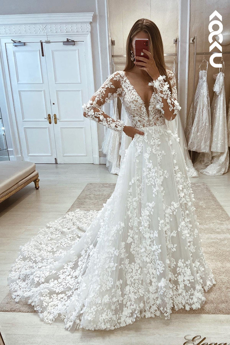 K9103 - A-Line V-Neck Tulle Appliques Long Sleeves Bohmian Beach Wedding Dress