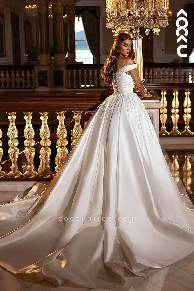 K9106 - Ball Gown Off-Shoulder Satin Appliques Pleats Bridal Wedding Dress