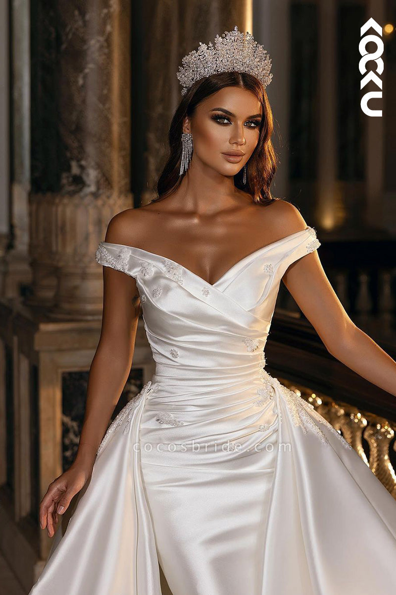 K9106 - Ball Gown Off-Shoulder Satin Appliques Pleats Bridal Wedding Dress