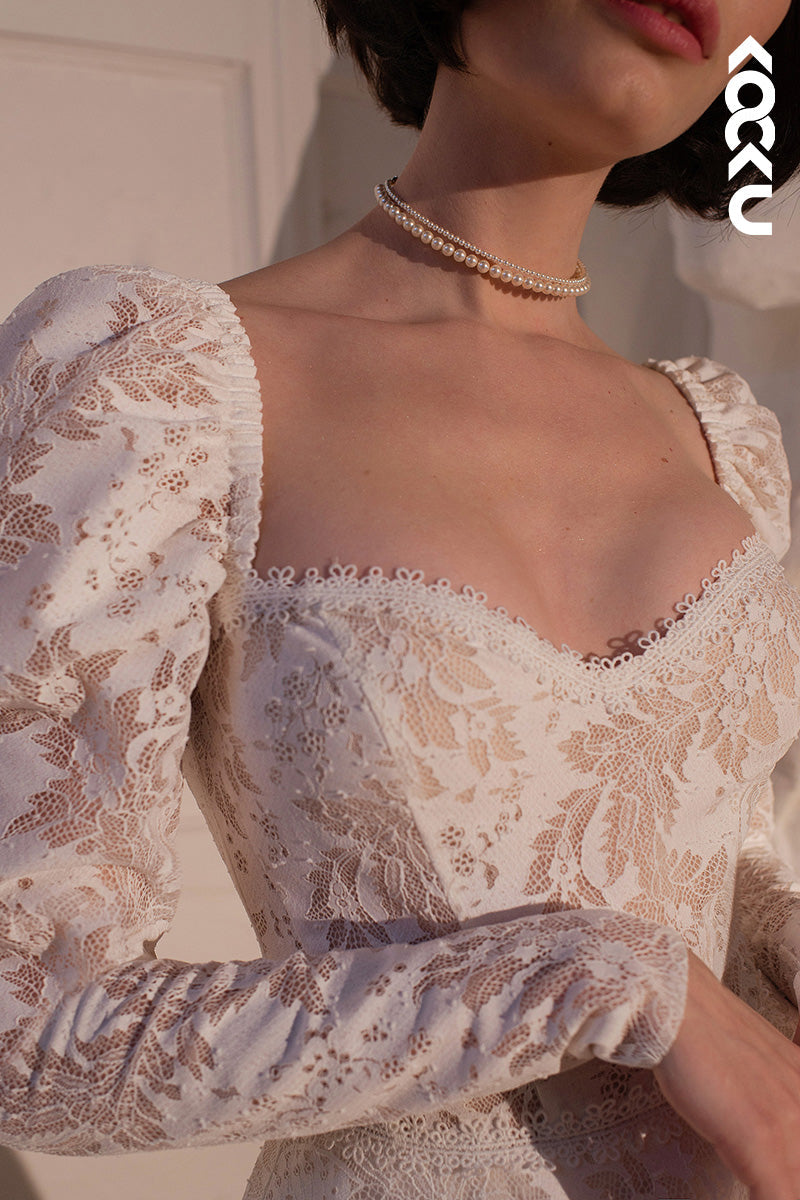 K9109 - A-Line Sweetheart Lace Appliques Long Sleeves Bohmian Beach Wedding Dress