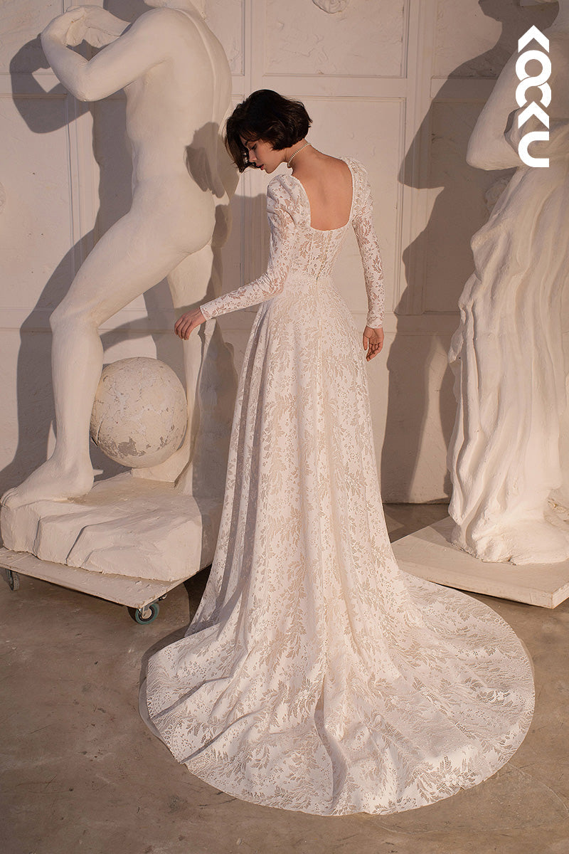 K9109 - A-Line Sweetheart Lace Appliques Long Sleeves Bohmian Beach Wedding Dress