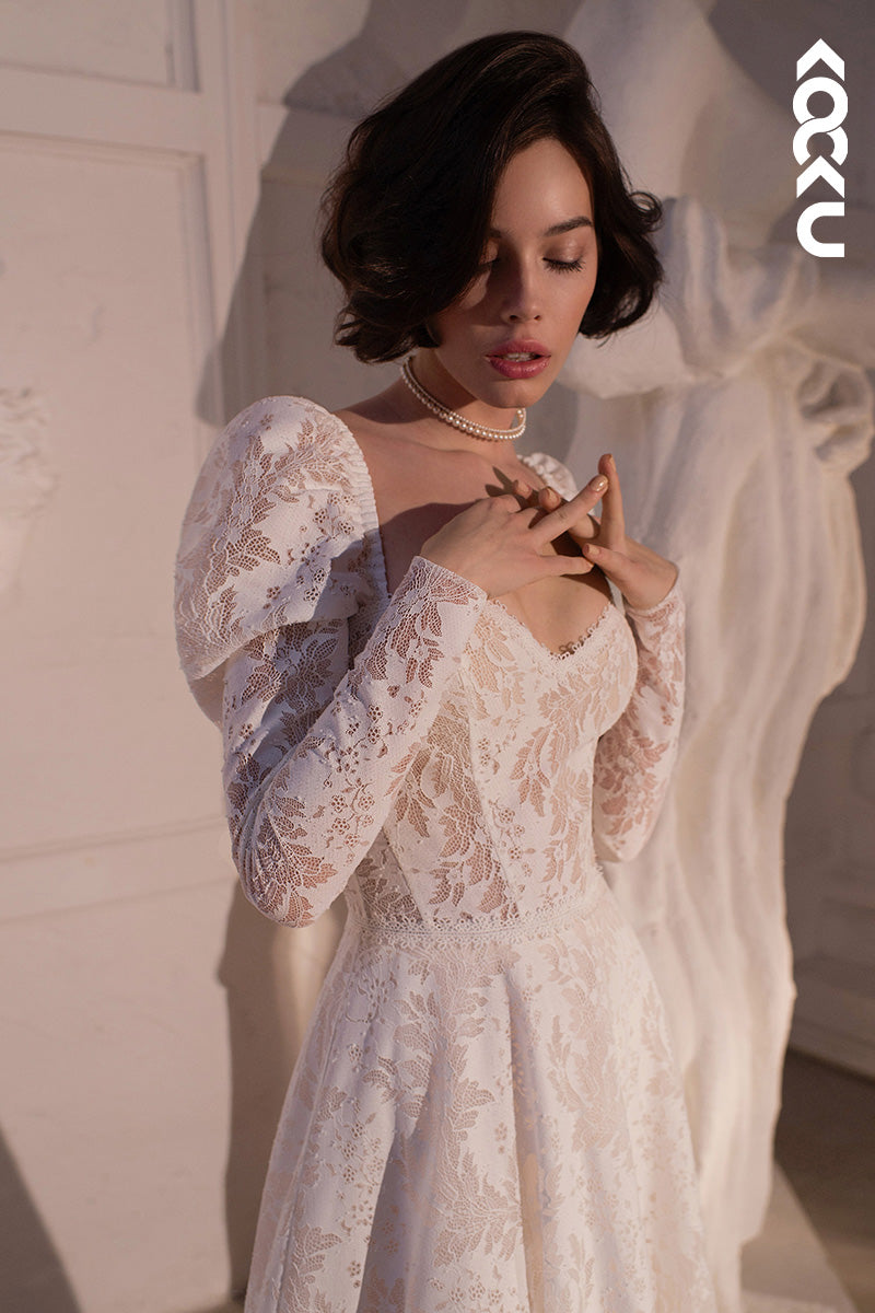 K9109 - A-Line Sweetheart Lace Appliques Long Sleeves Bohmian Beach Wedding Dress