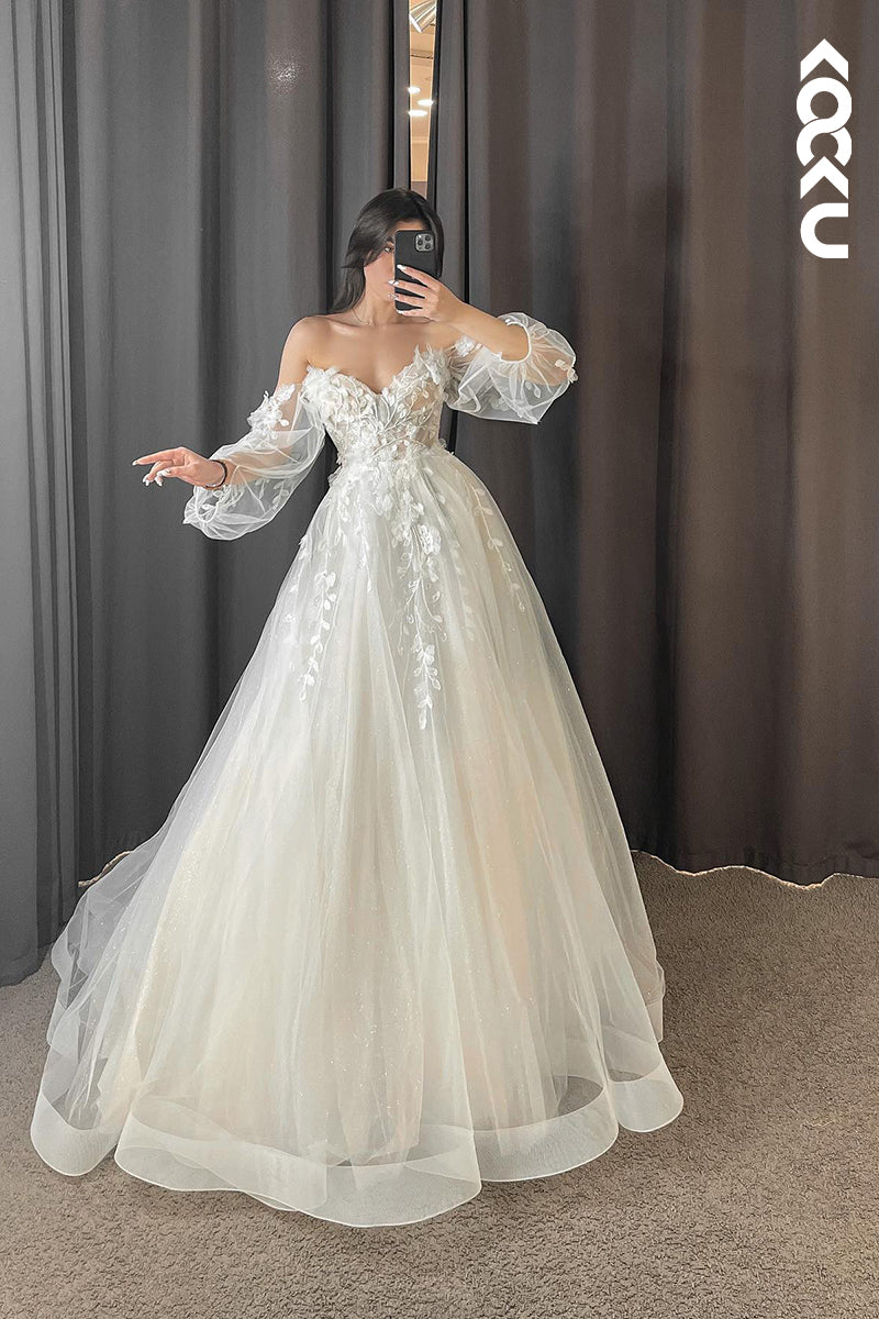 K911 - A-Line Sweetheart Tulle Appliques Long Sleeves Bohmian Beach Wedding Dress